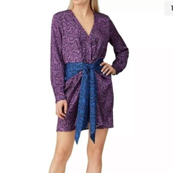 Delfi Mini Dress Jac Tie Snakeskin Print  XS Long Sleeve V-Neck Tie Waist Satin - Picture 6 of 13